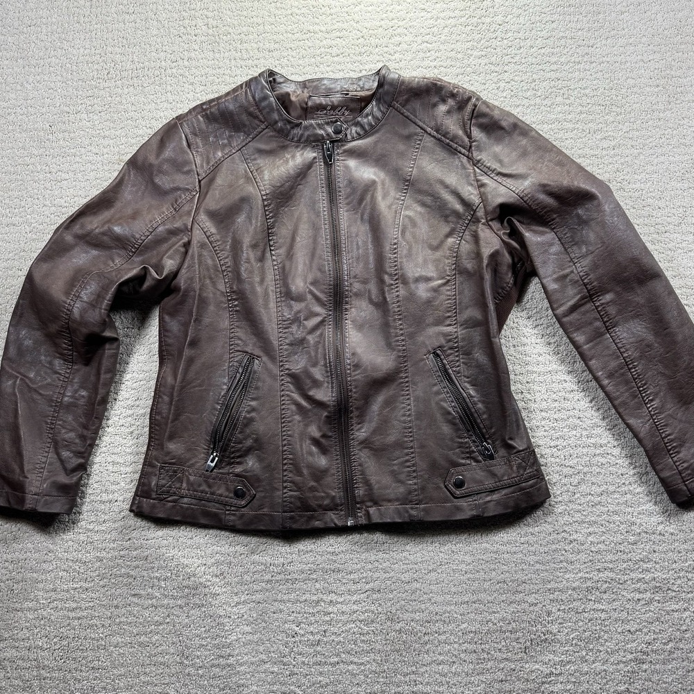 Sebby Collection Women's Brown Faux Leather‎ Moto Biker Zip Up Jacket Size  XL